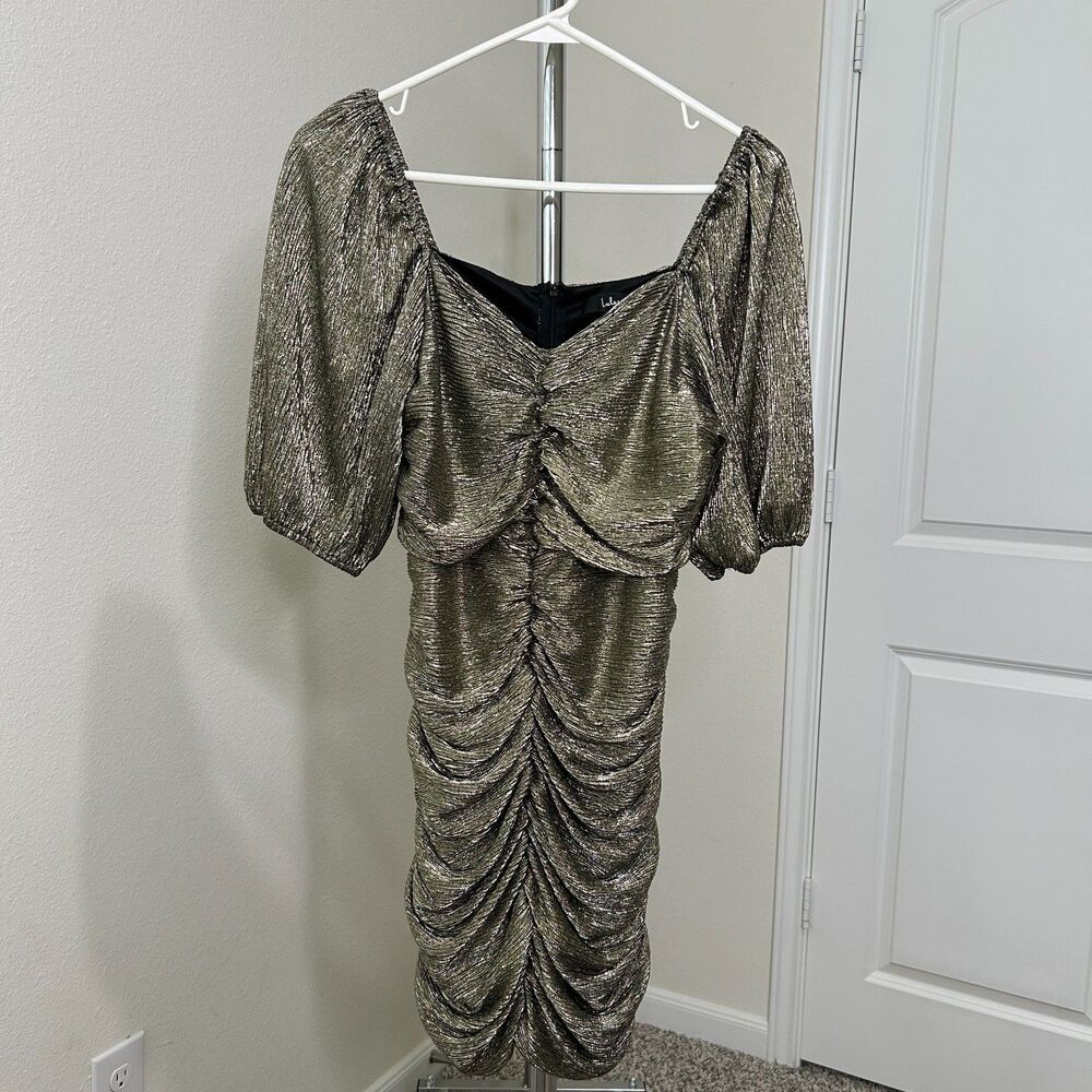 Lulus Splendor Forever Metallic Gold Ruched Dress M Bodycon Puff Sleeve Cocktail